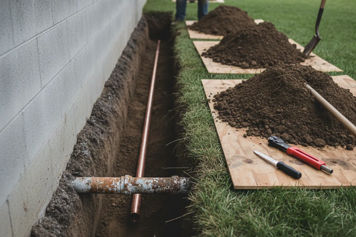 Excavated water line trench during Water Heater Repair in Blue Springs